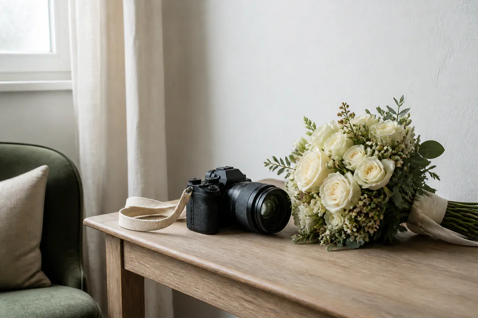 Appareil photo et accessoires de reportage de mariage — illustration générée par IA
