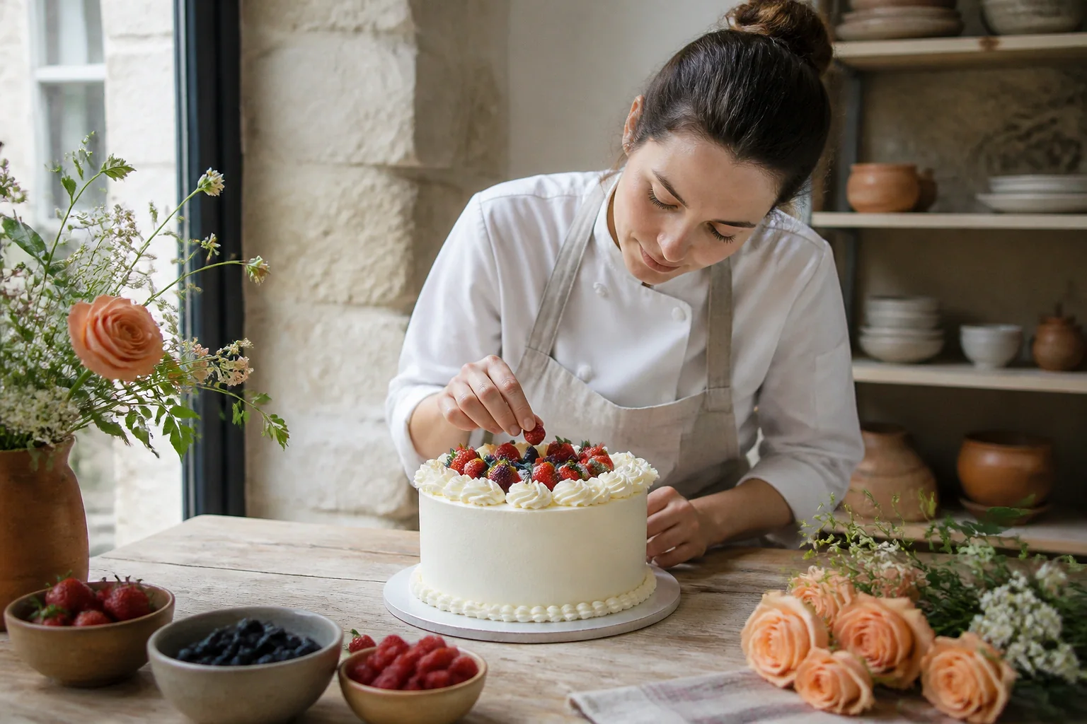 Gâteau de mariage préparé dans un atelier — illustration générée par IA