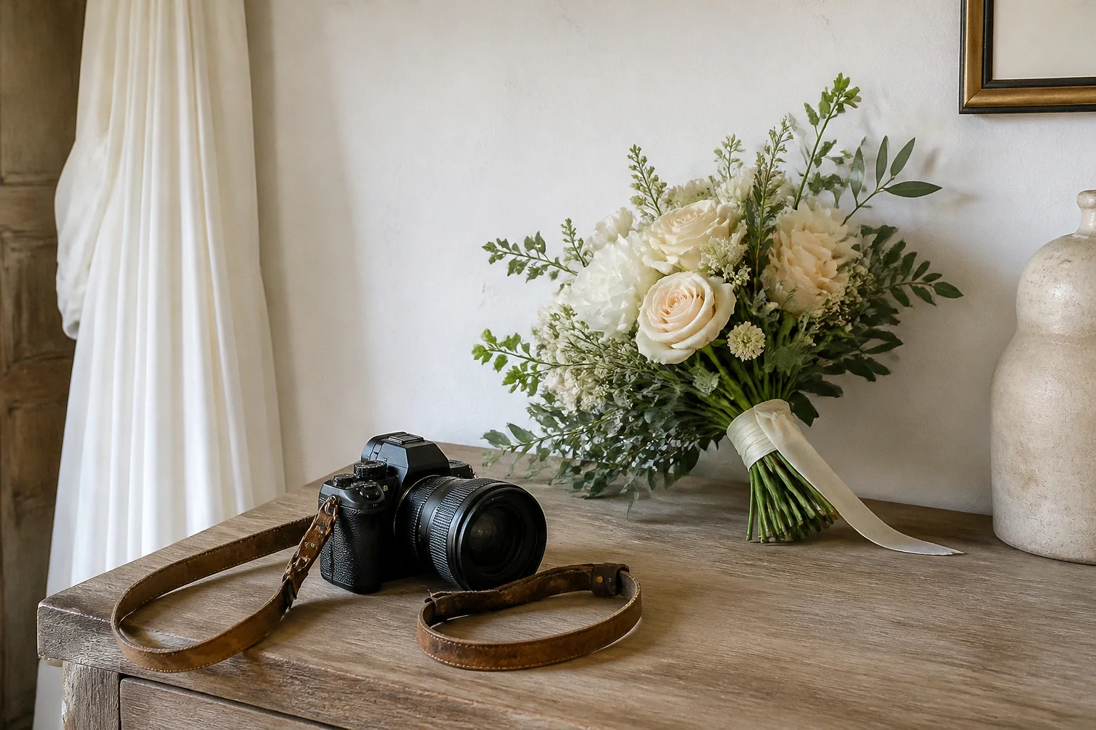 Appareil photo et accessoires de reportage de mariage — illustration générée par IA