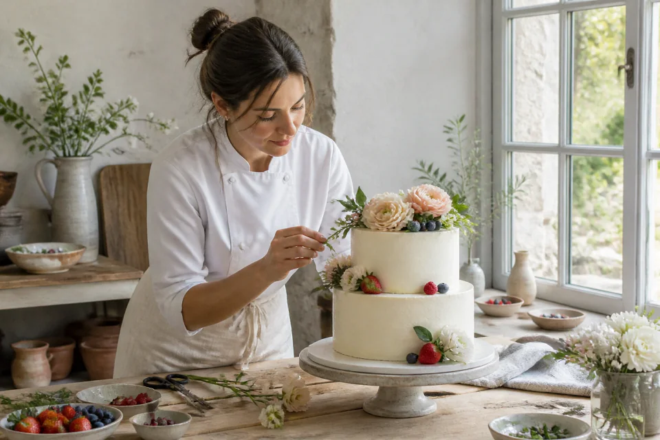 Gâteau de mariage préparé dans un atelier — illustration générée par IA