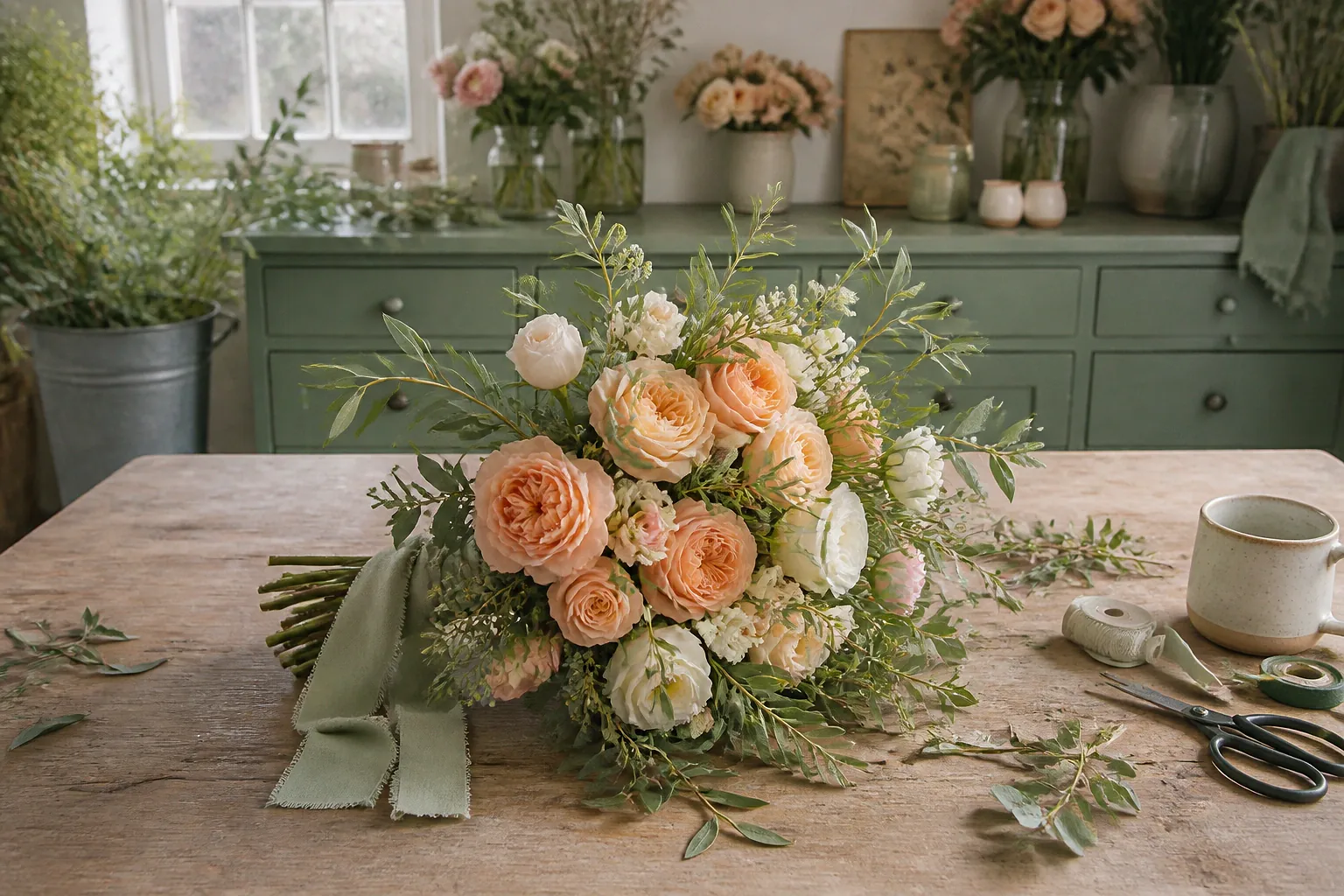 Préparation florale pour un mariage — illustration générée par IA