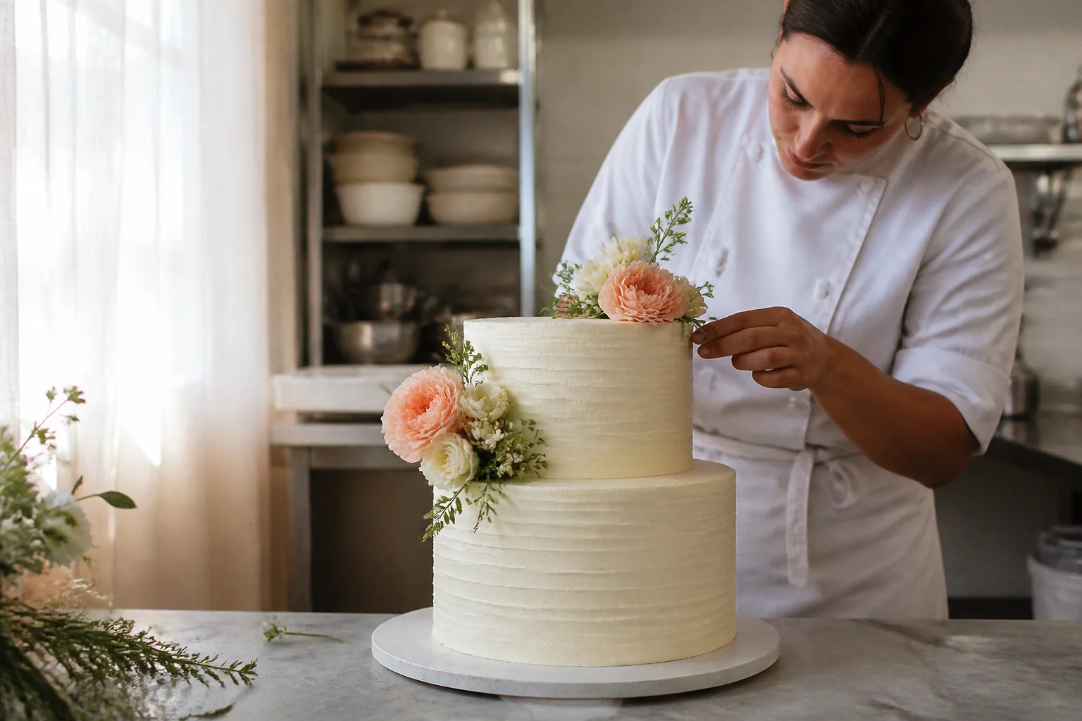 Gâteau de mariage préparé dans un atelier — illustration générée par IA