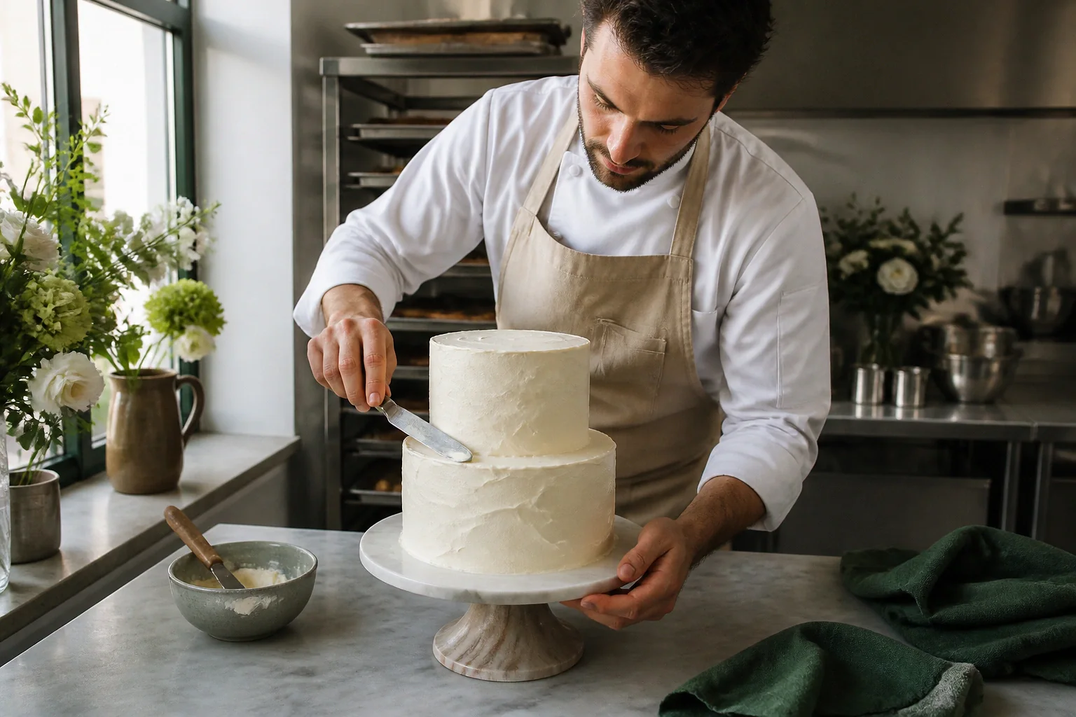 Gâteau de mariage préparé dans un atelier — illustration générée par IA