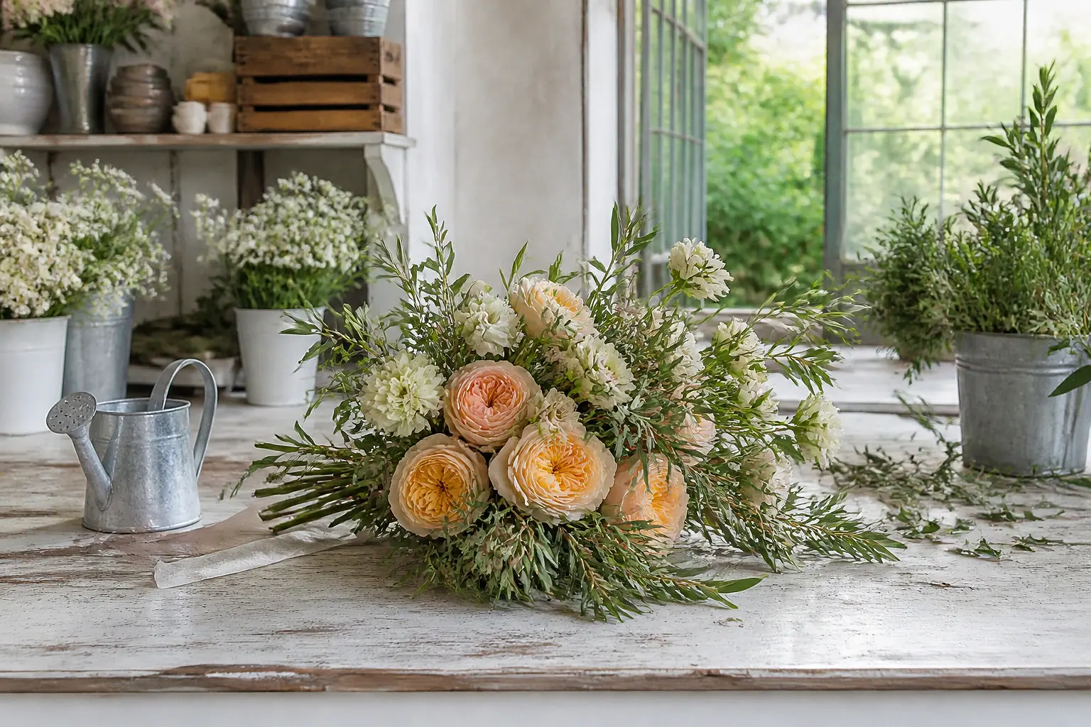 Préparation florale pour un mariage — illustration générée par IA