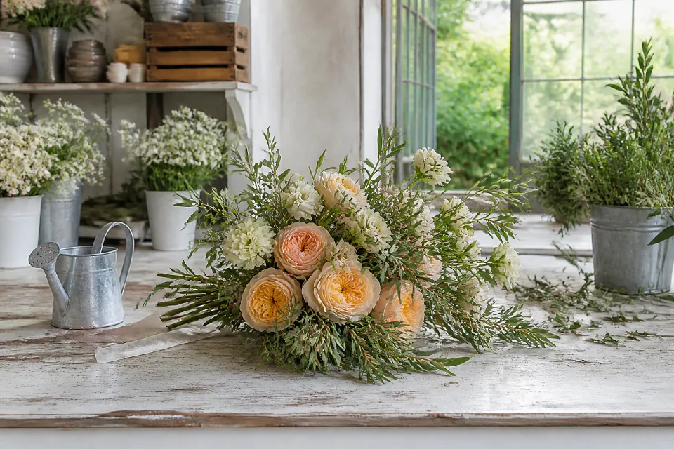 Préparation florale pour un mariage — illustration générée par IA