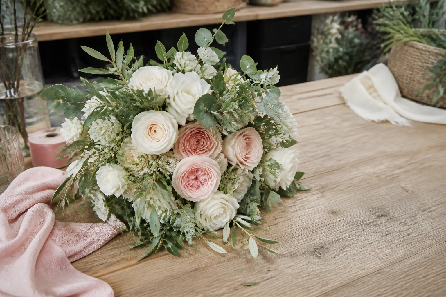 Préparation florale pour un mariage — illustration générée par IA