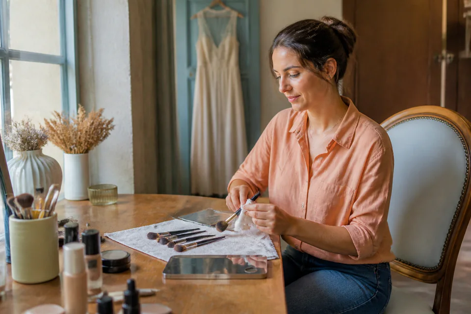 Préparation d’un maquillage de mariage — illustration générée par IA