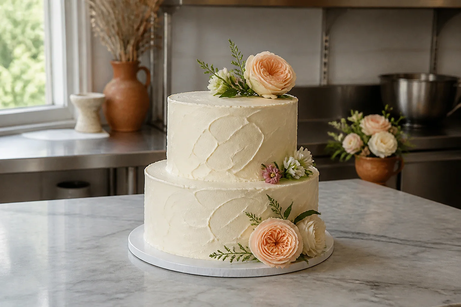 Gâteau de mariage préparé dans un atelier — illustration générée par IA