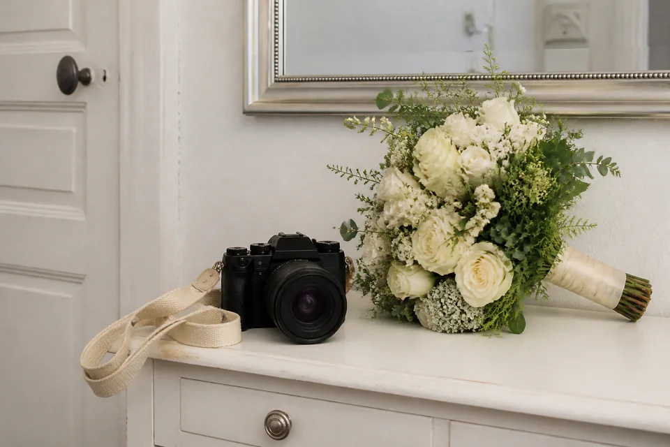 Appareil photo et accessoires de reportage de mariage — illustration générée par IA