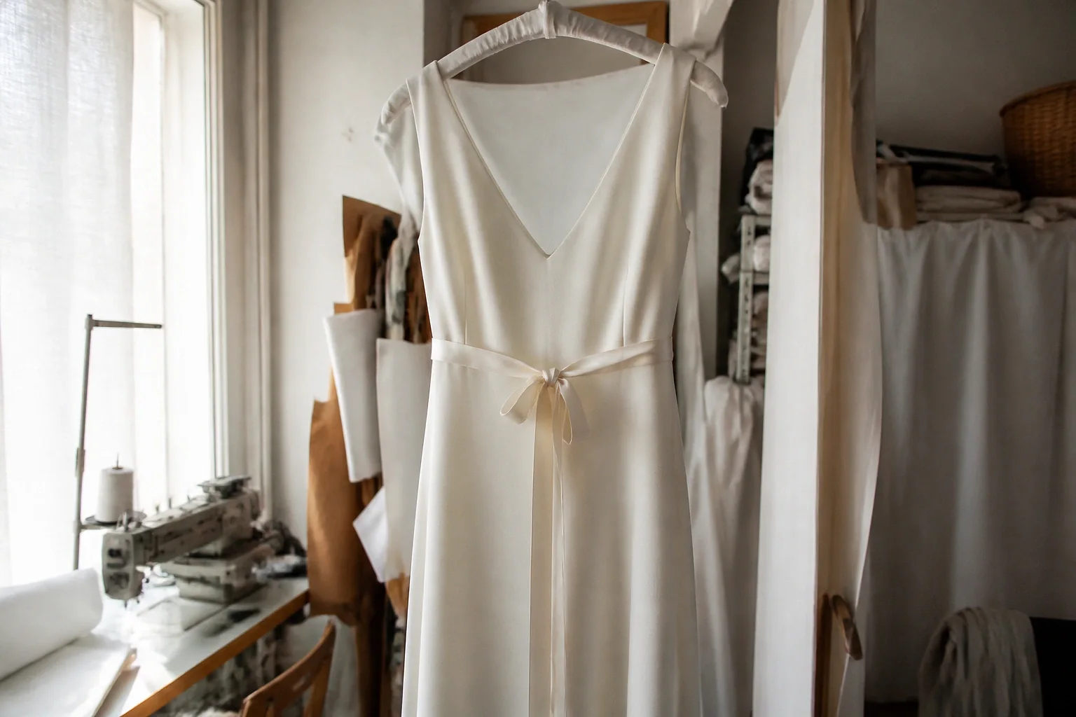 Robe de mariée dans un atelier de confection — illustration générée par IA