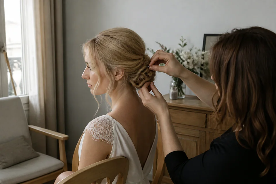 Coiffure de cérémonie vue pendant la préparation — illustration générée par IA