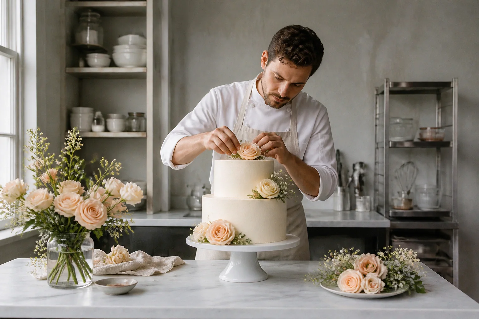 Gâteau de mariage préparé dans un atelier — illustration générée par IA