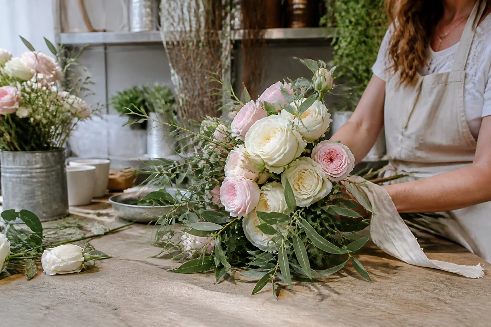 Préparation florale pour un mariage — illustration générée par IA