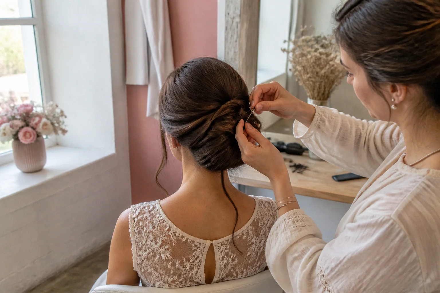 Coiffure de cérémonie vue pendant la préparation — illustration générée par IA