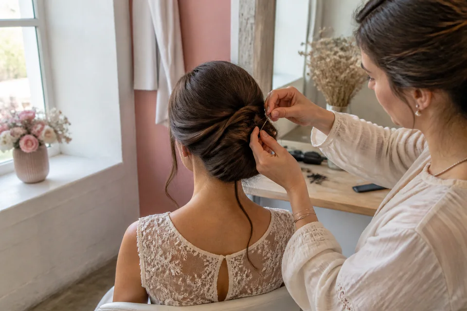 Coiffure de cérémonie vue pendant la préparation — illustration générée par IA