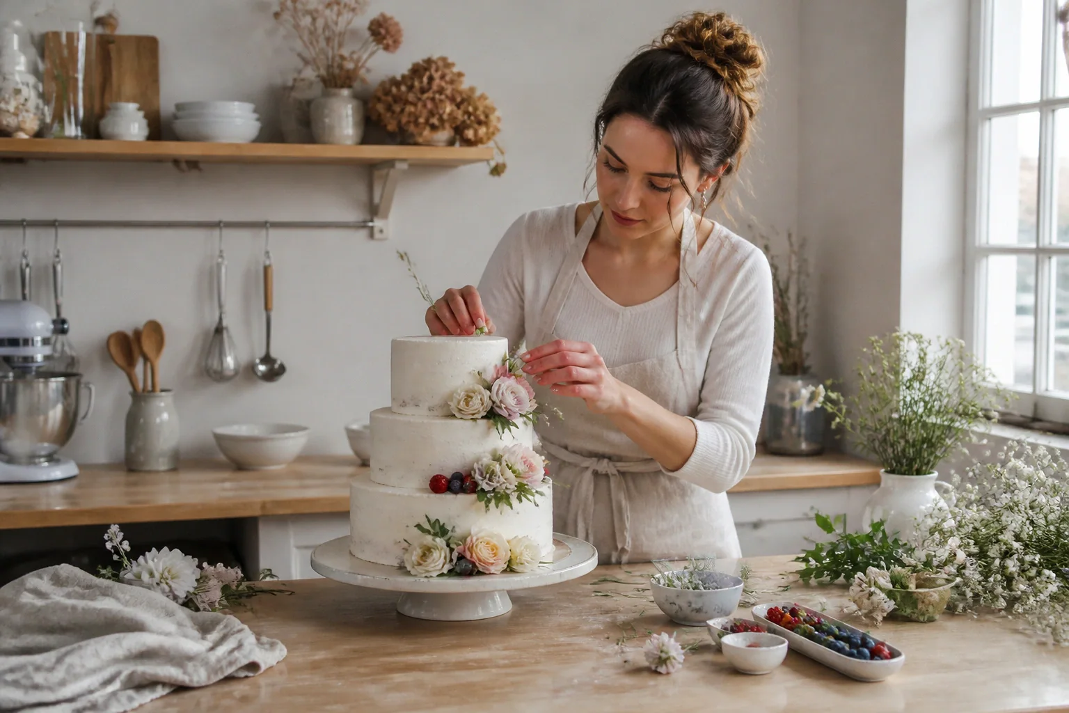 Gâteau de mariage préparé dans un atelier — illustration générée par IA