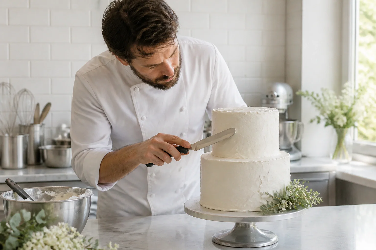 Gâteau de mariage préparé dans un atelier — illustration générée par IA