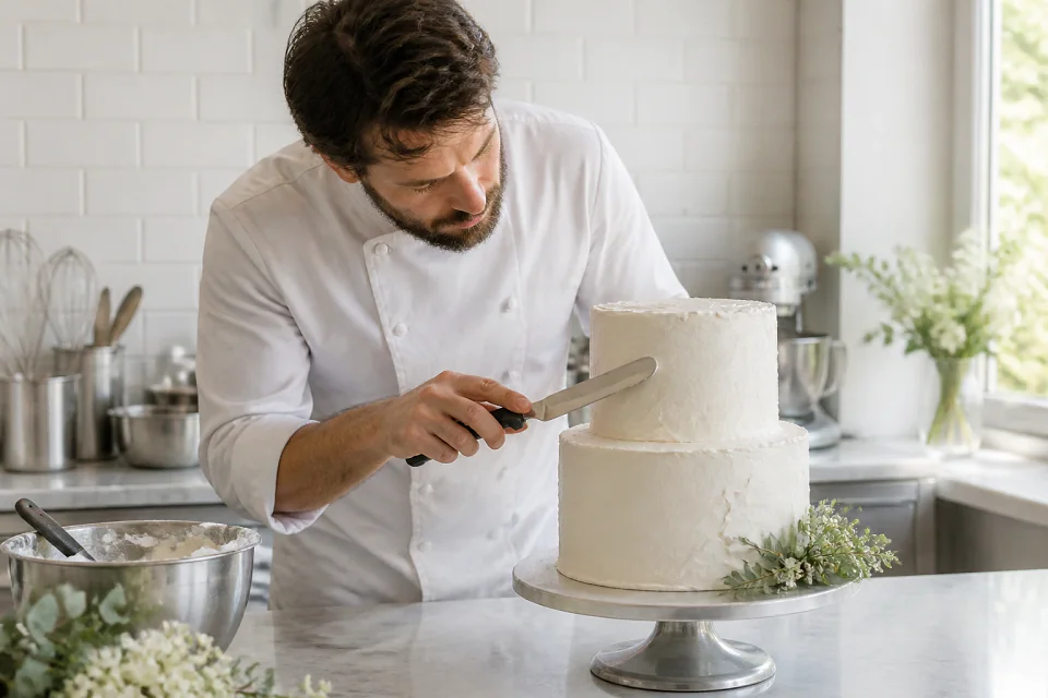 Gâteau de mariage préparé dans un atelier — illustration générée par IA