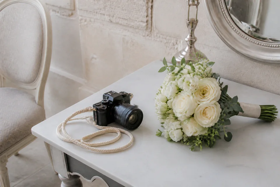 Appareil photo et accessoires de reportage de mariage — illustration générée par IA