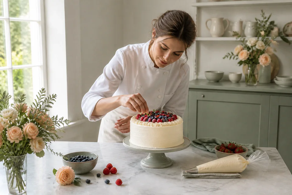 Gâteau de mariage préparé dans un atelier — illustration générée par IA