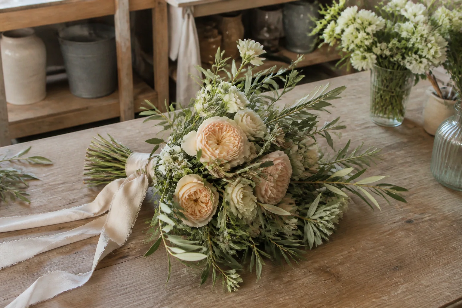 Préparation florale pour un mariage — illustration générée par IA