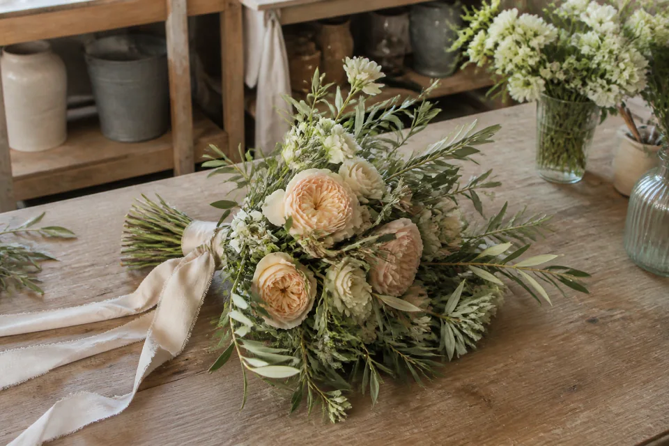 Préparation florale pour un mariage — illustration générée par IA
