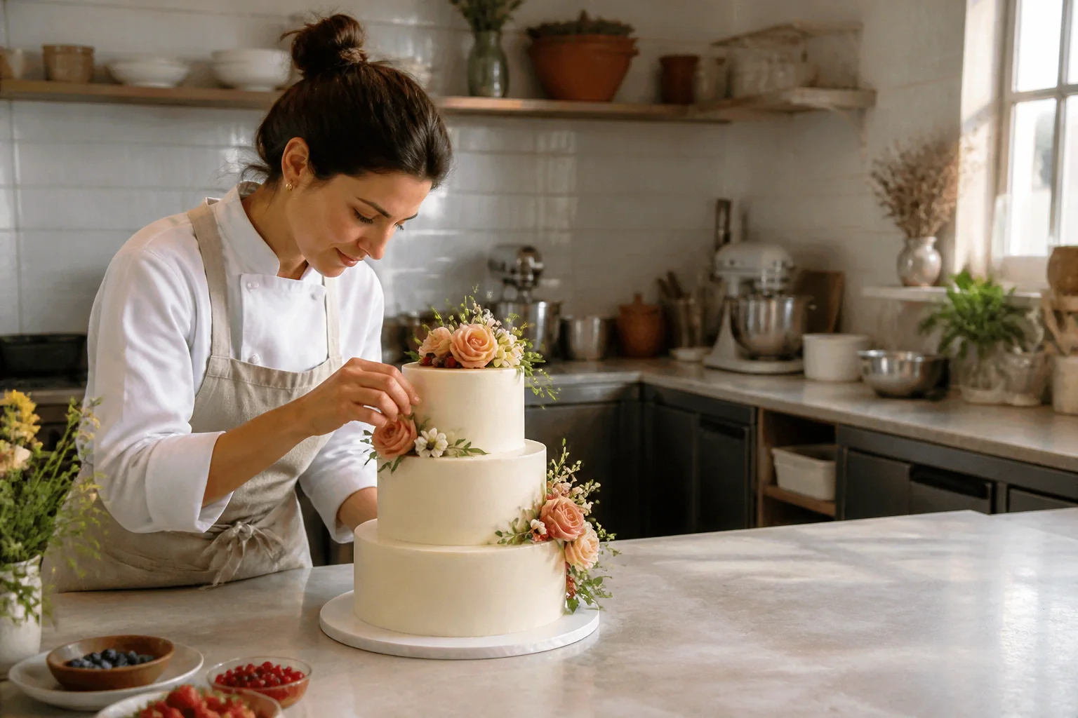 Gâteau de mariage préparé dans un atelier — illustration générée par IA