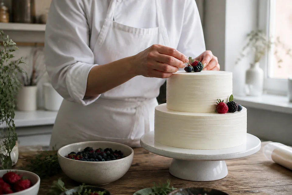 Gâteau de mariage préparé dans un atelier — illustration générée par IA