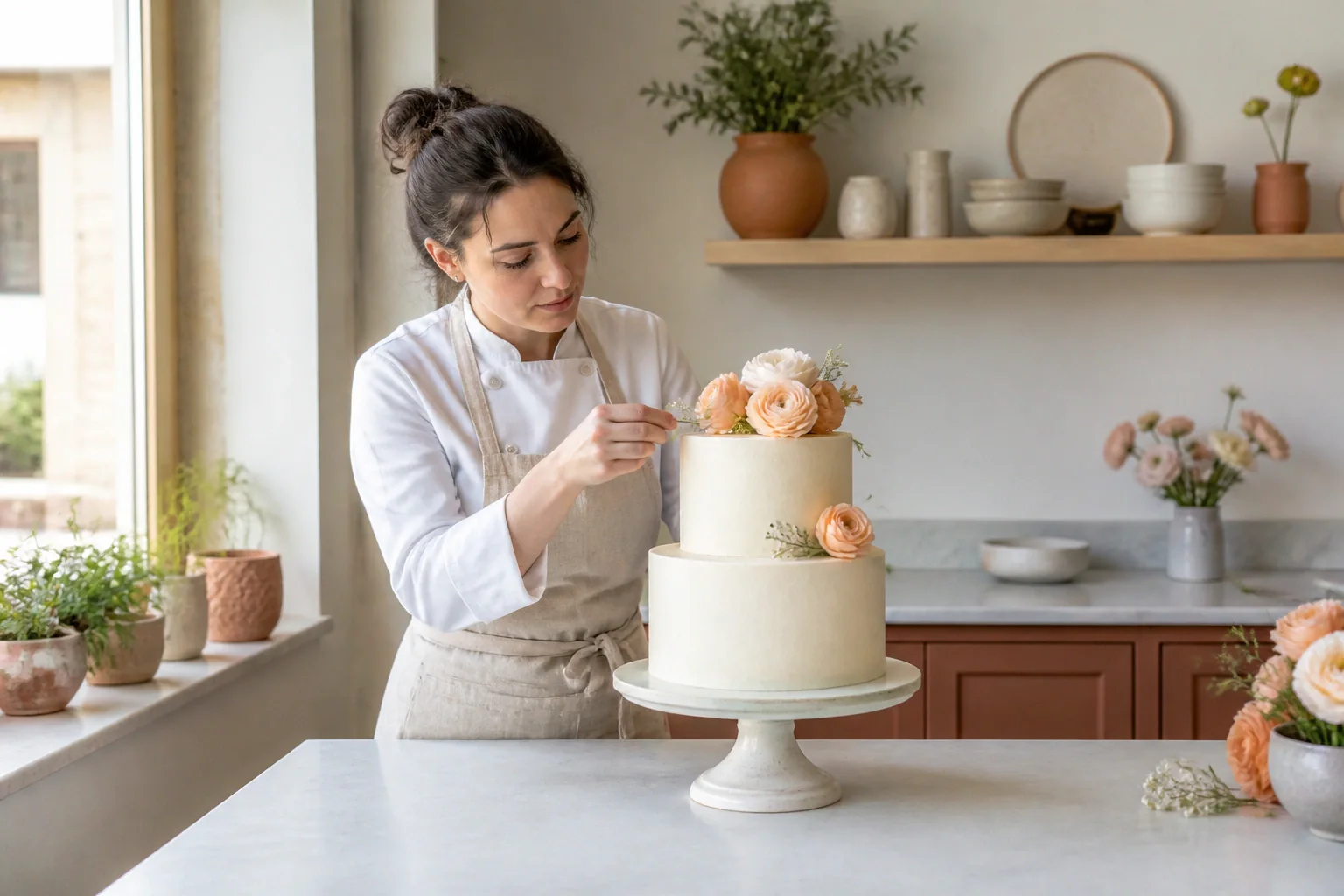 Gâteau de mariage préparé dans un atelier — illustration générée par IA