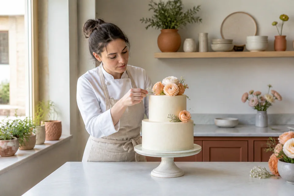 Gâteau de mariage préparé dans un atelier — illustration générée par IA