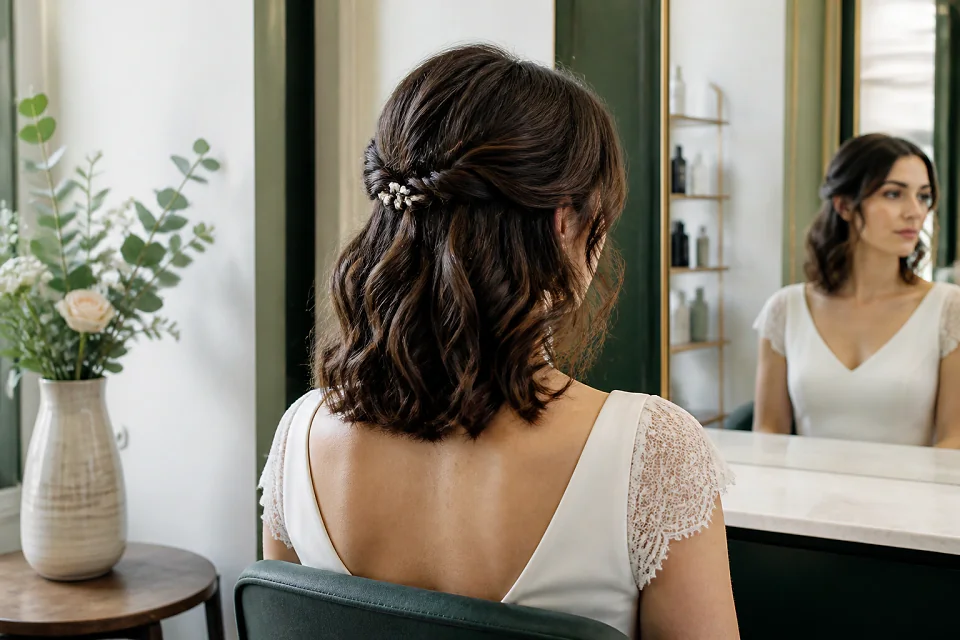 Coiffure de cérémonie vue pendant la préparation — illustration générée par IA