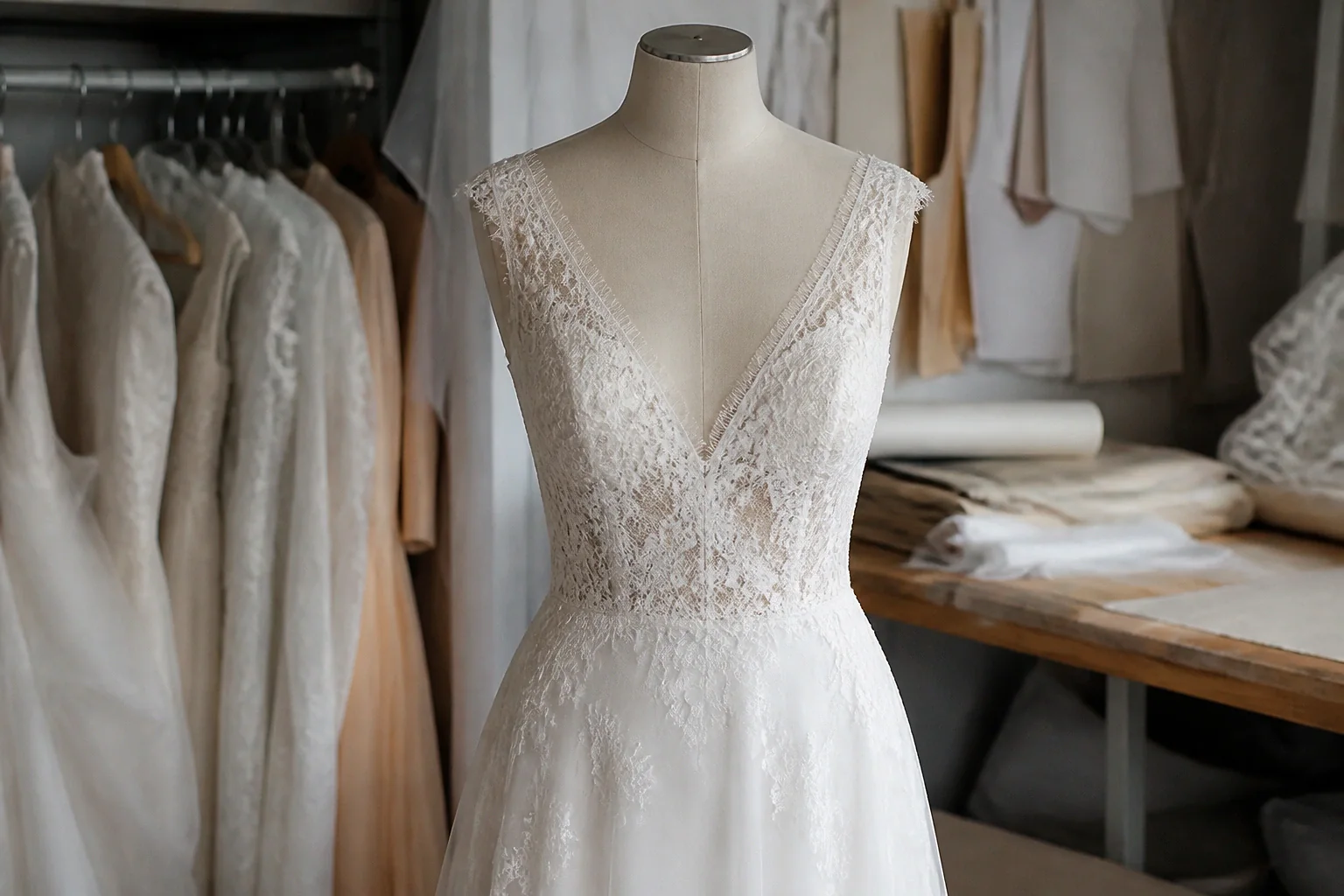 Robe de mariée dans un atelier de confection — illustration générée par IA