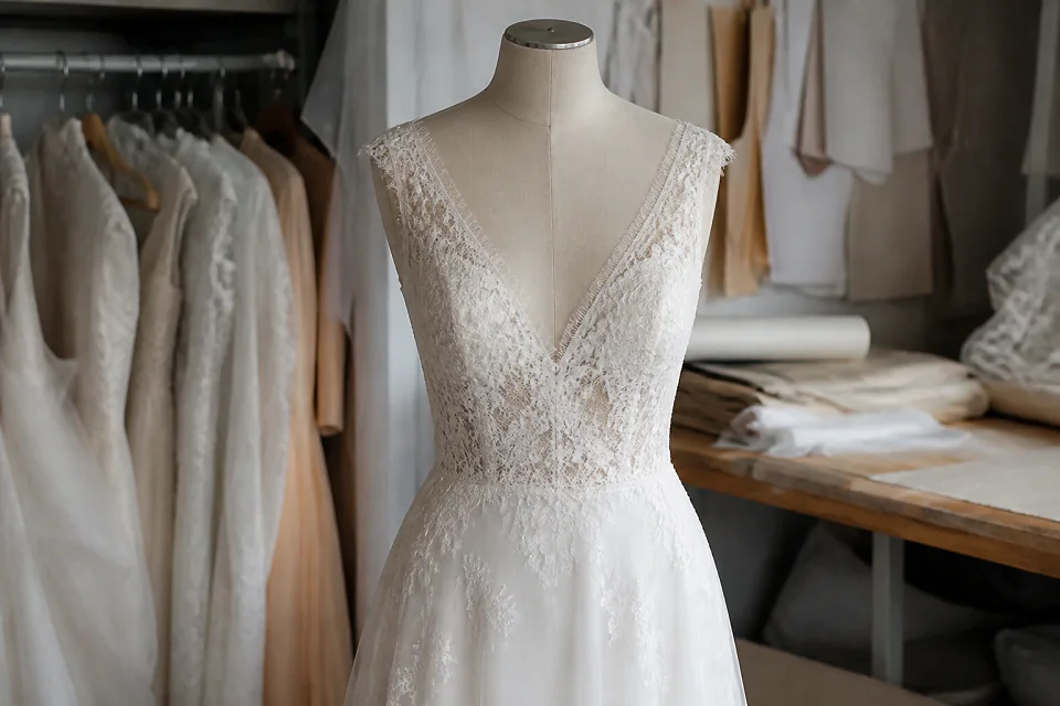 Robe de mariée dans un atelier de confection — illustration générée par IA
