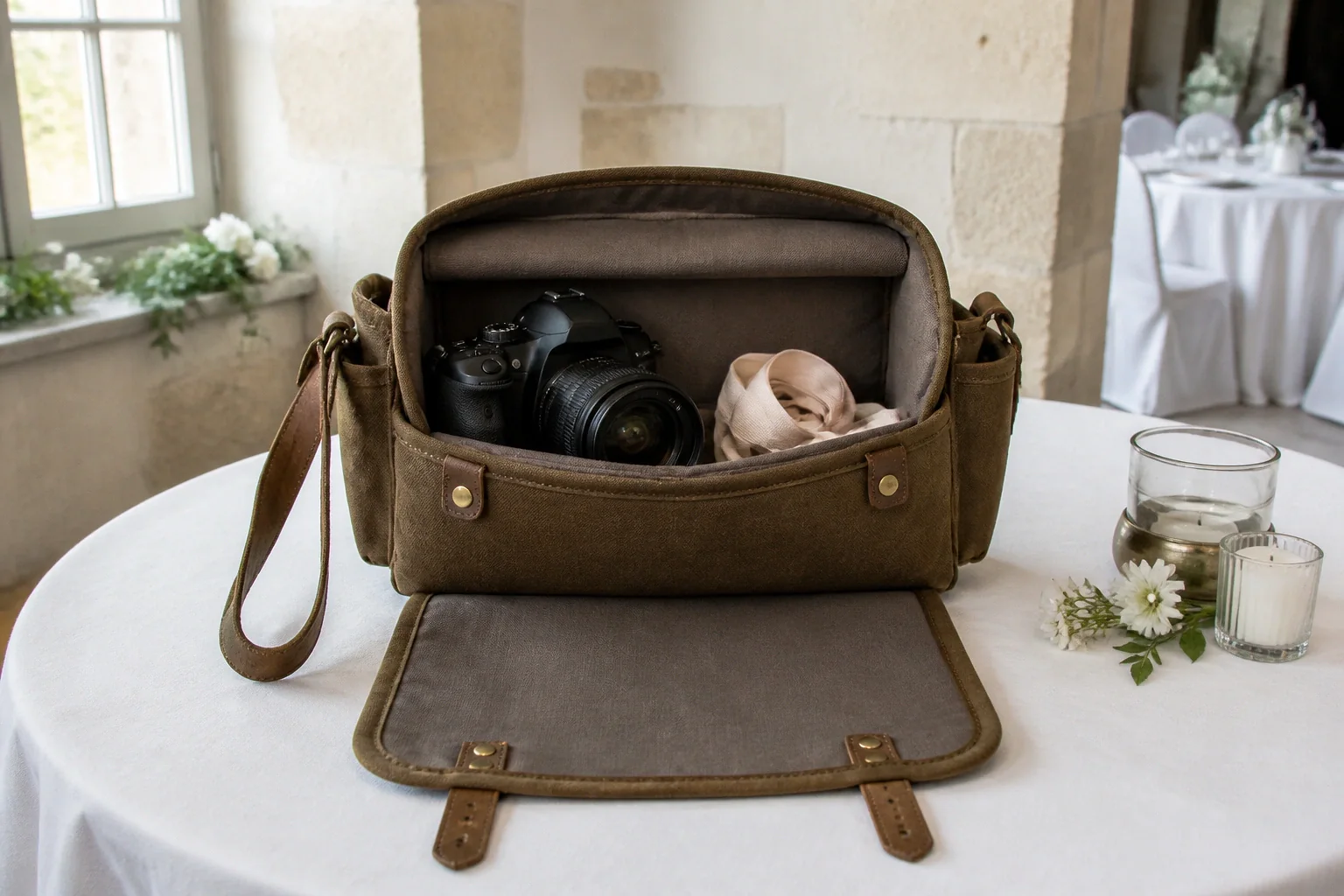 Appareil photo et accessoires de reportage de mariage — illustration générée par IA