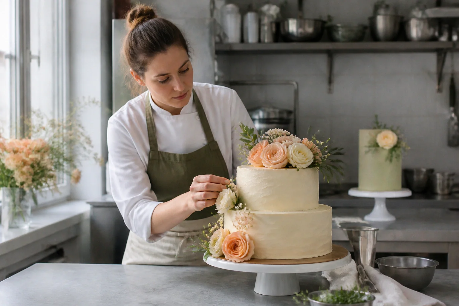Gâteau de mariage préparé dans un atelier — illustration générée par IA