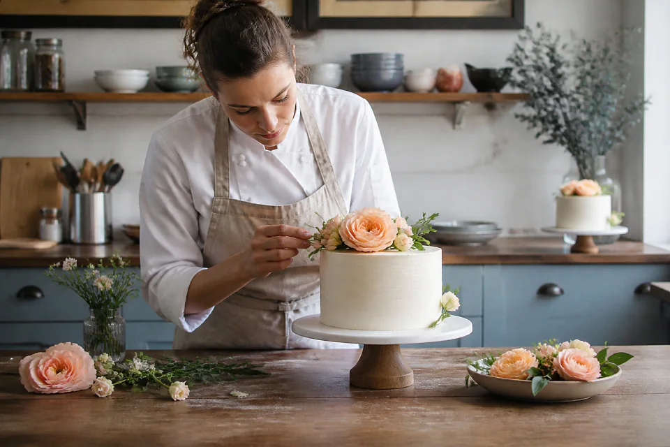 Gâteau de mariage préparé dans un atelier — illustration générée par IA