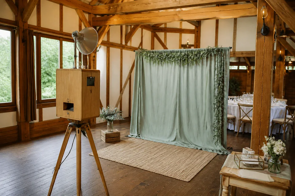 Borne photo installée pour une réception de mariage — illustration générée par IA