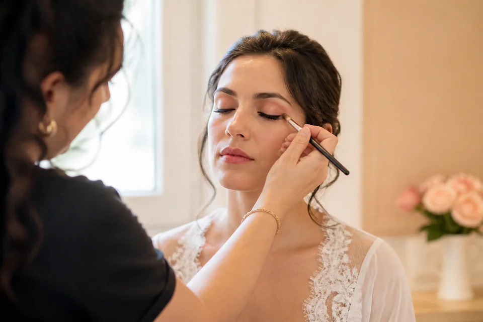 Préparation d’un maquillage de mariage — illustration générée par IA