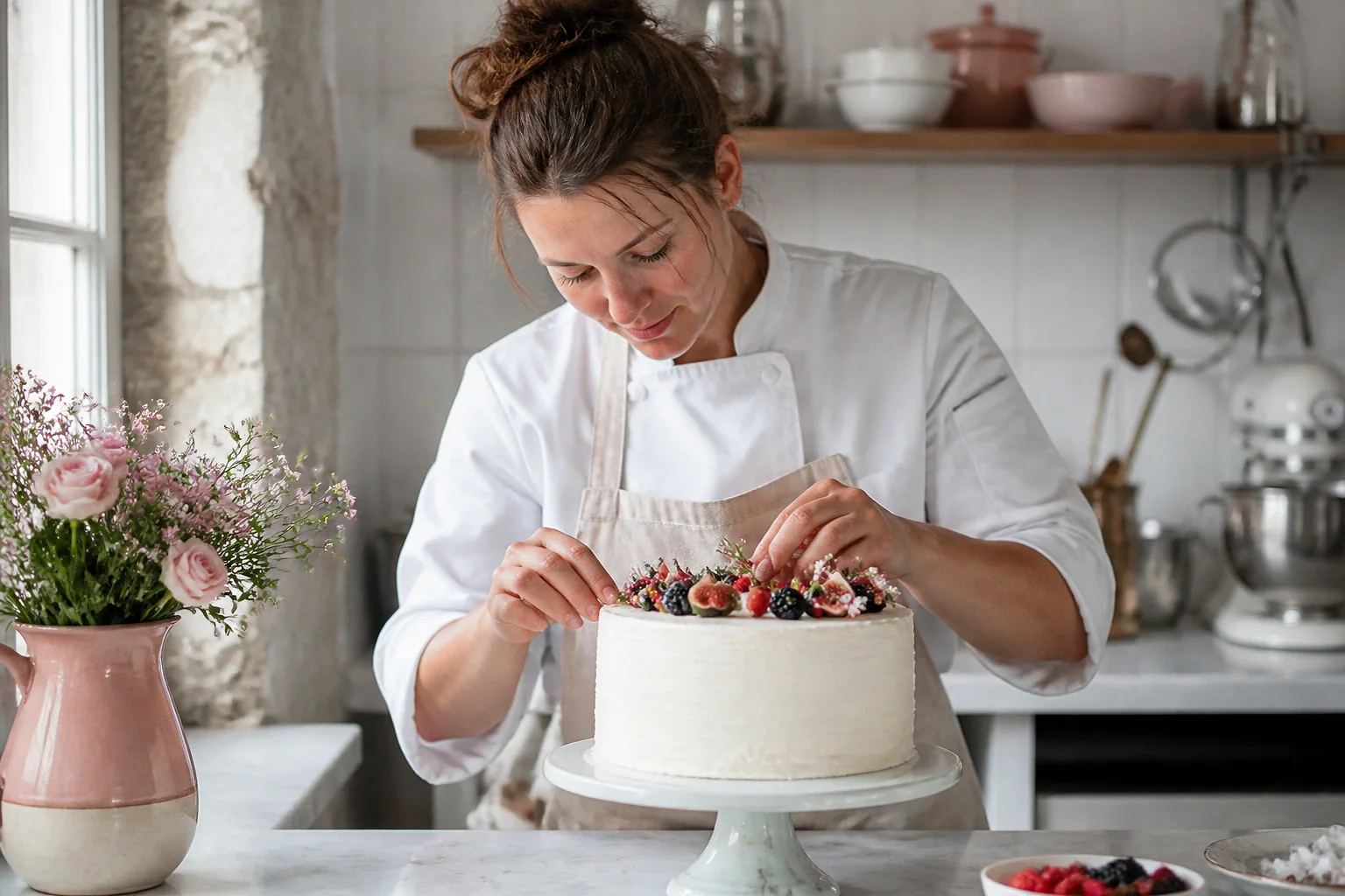 Gâteau de mariage préparé dans un atelier — illustration générée par IA