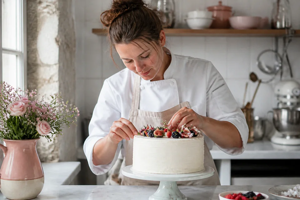 Gâteau de mariage préparé dans un atelier — illustration générée par IA