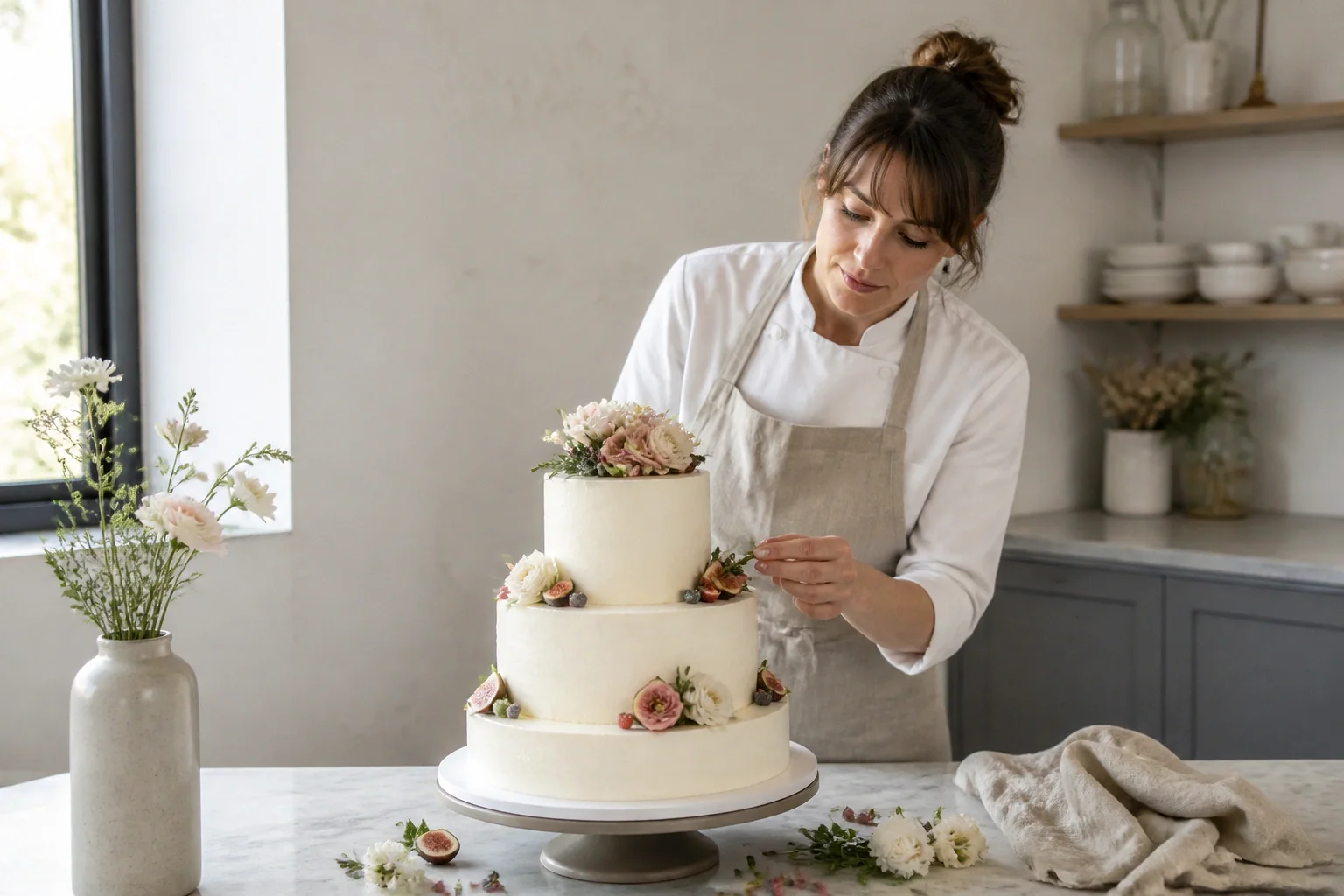 Gâteau de mariage préparé dans un atelier — illustration générée par IA