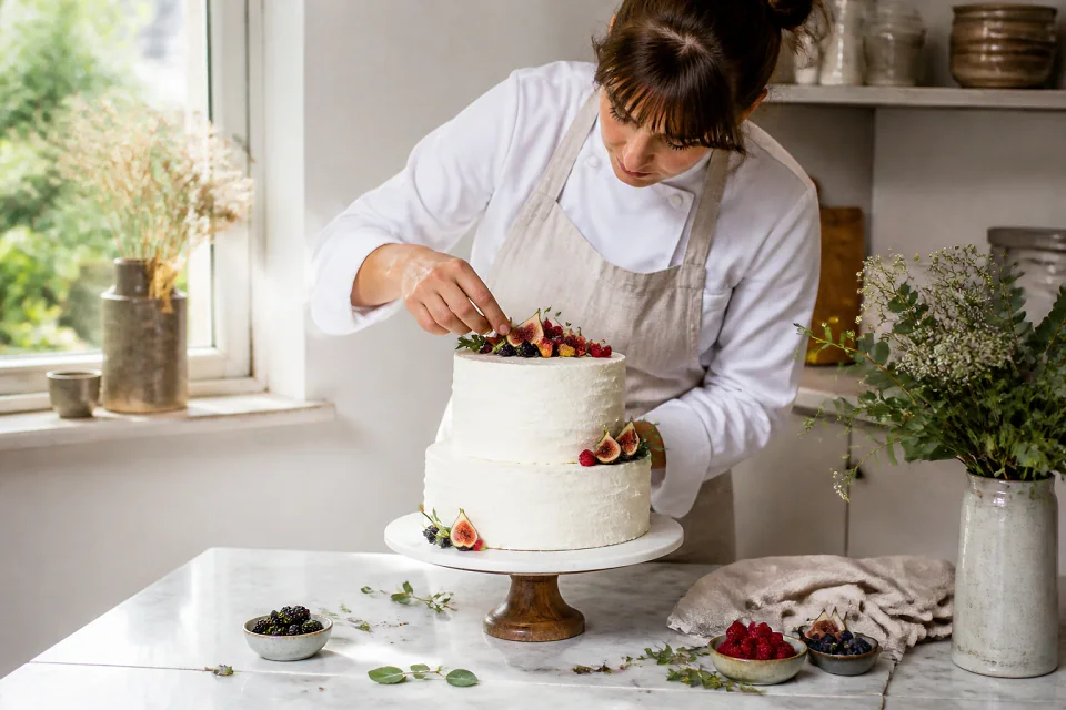 Gâteau de mariage préparé dans un atelier — illustration générée par IA