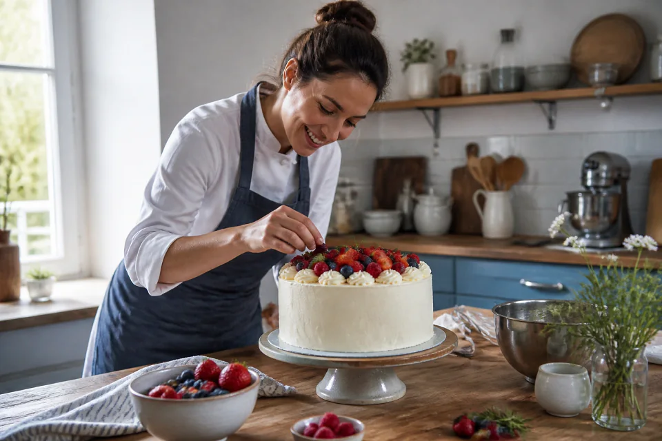 Gâteau de mariage préparé dans un atelier — illustration générée par IA