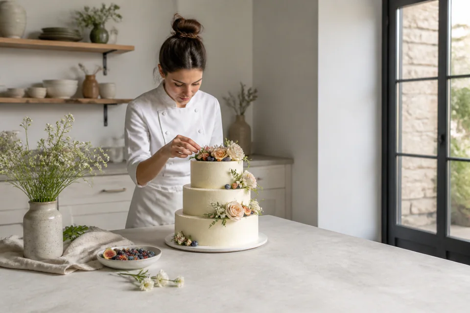Gâteau de mariage préparé dans un atelier — illustration générée par IA