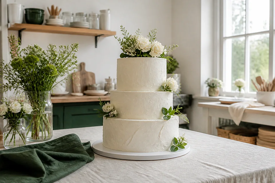 Gâteau de mariage préparé dans un atelier — illustration générée par IA