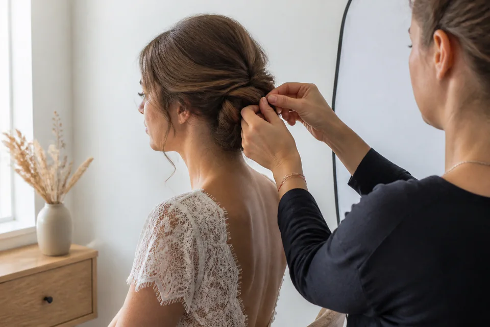 Coiffure de cérémonie vue pendant la préparation — illustration générée par IA