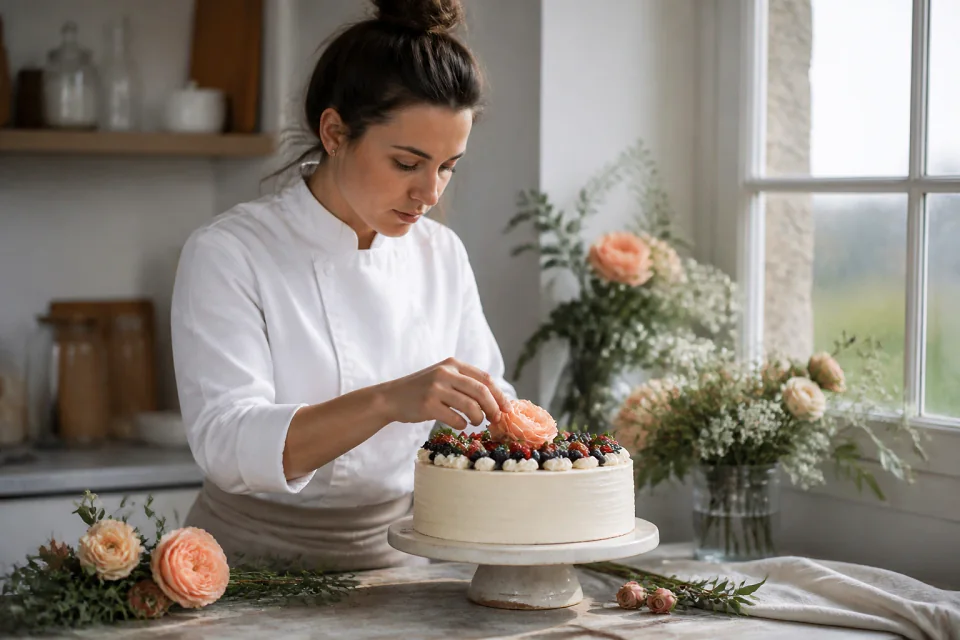 Gâteau de mariage préparé dans un atelier — illustration générée par IA