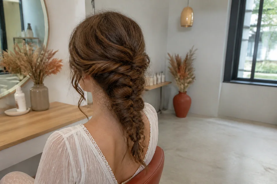 Coiffure de cérémonie vue pendant la préparation — illustration générée par IA