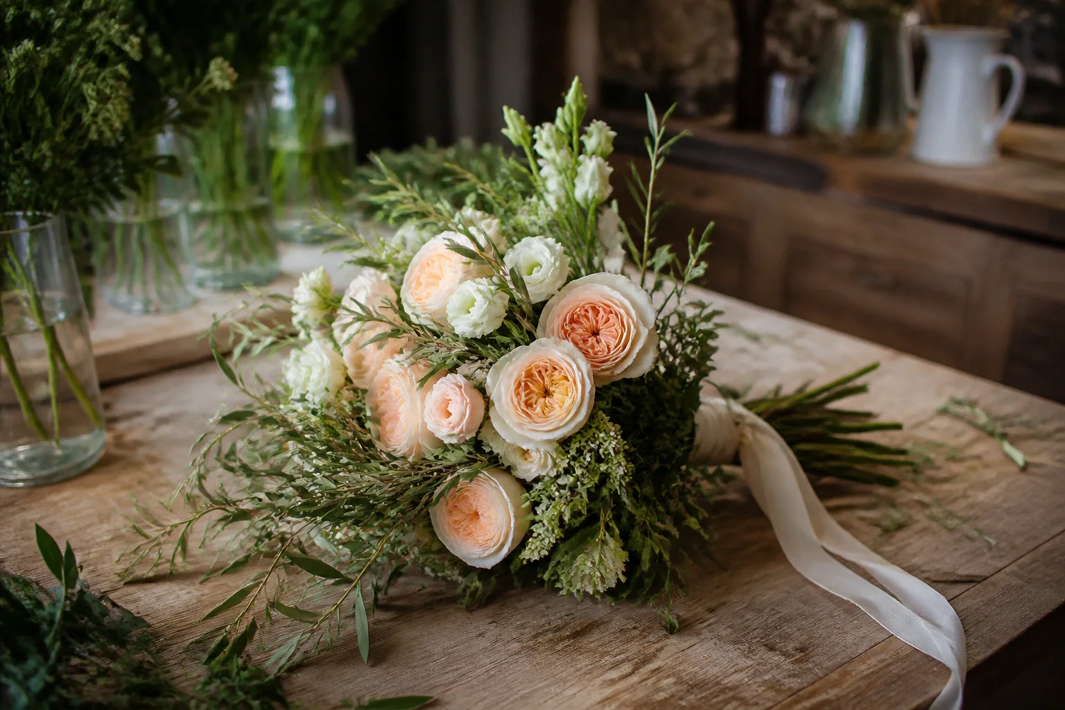 Préparation florale pour un mariage — illustration générée par IA