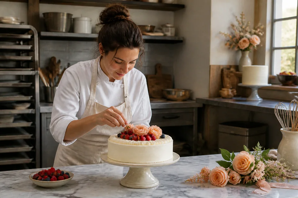 Gâteau de mariage préparé dans un atelier — illustration générée par IA